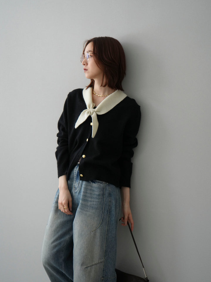 [SET]デザイン襟ニットカーディガン+ベルト付カーブデニムパンツ(2set)