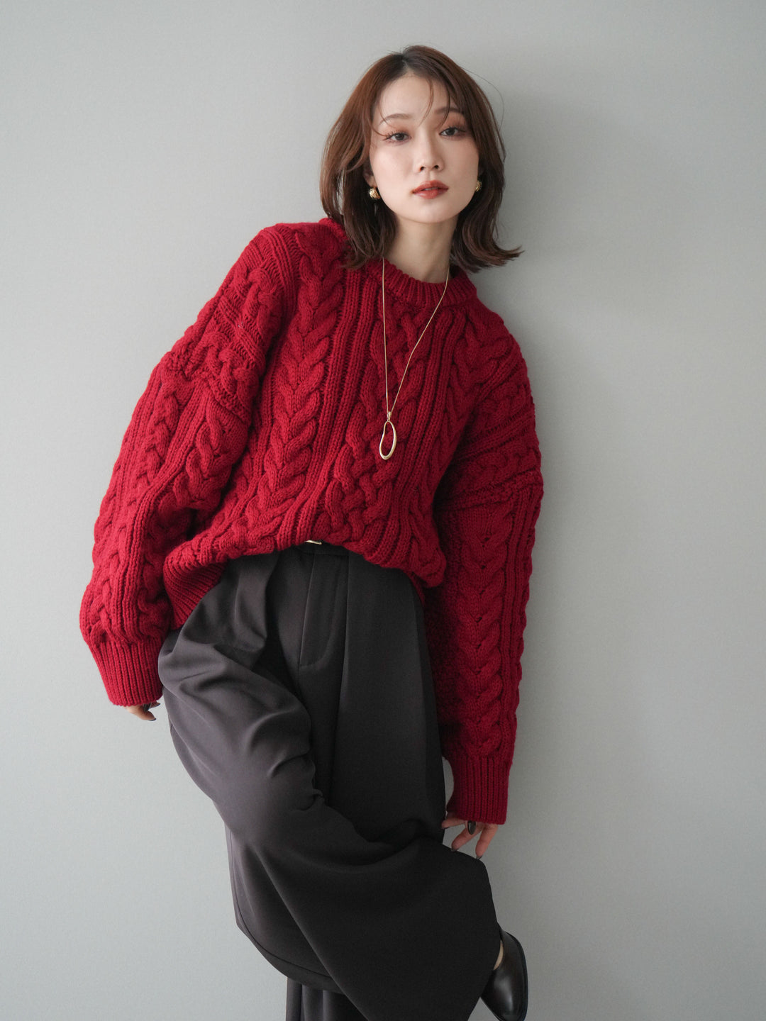 [SET]ボリュームケーブルニットプルオーバー+ベルトループデザインワイドパンツ(2set)