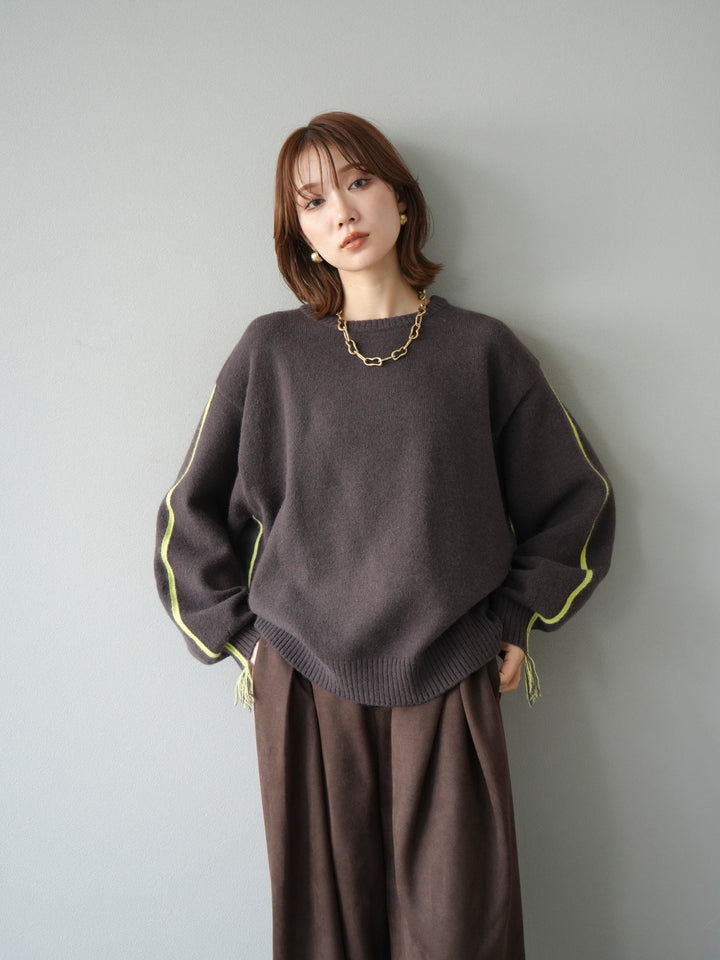[予約]配色ステッチフリンジニットプルオーバー /ブラウン