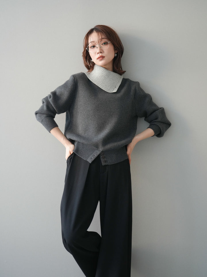 [予約]デザインネックバイカラーニットプルオーバー/charcoal
