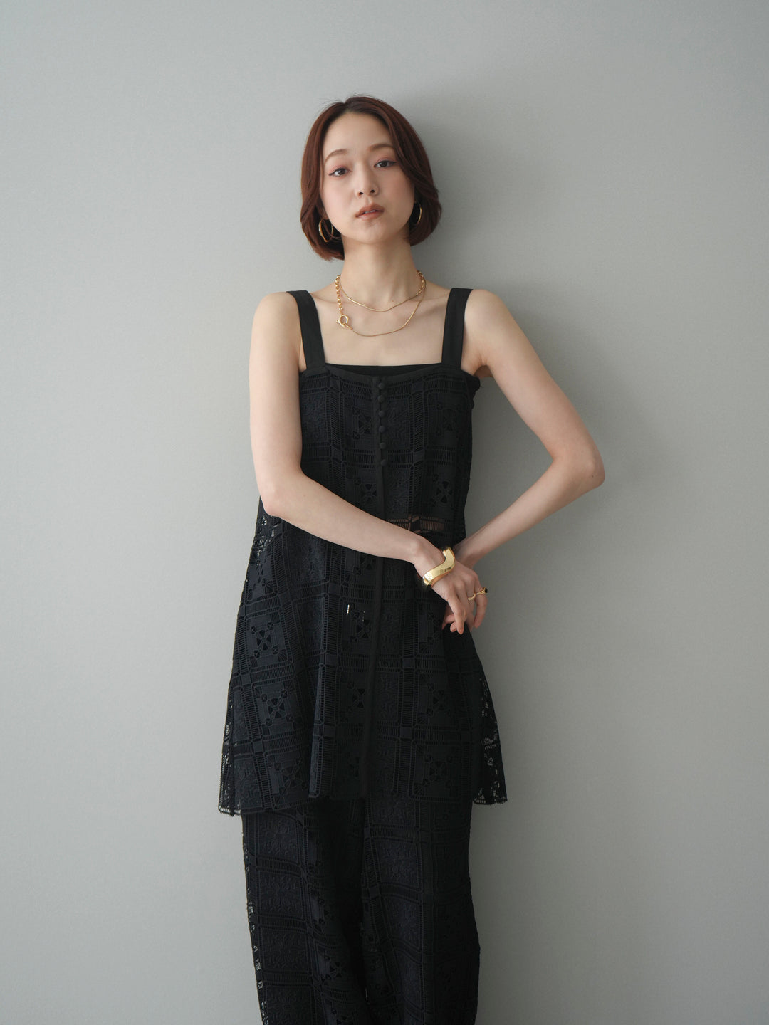 [SET]配色パネルレースキャミソール+パネルレースイージーパンツ(2set)