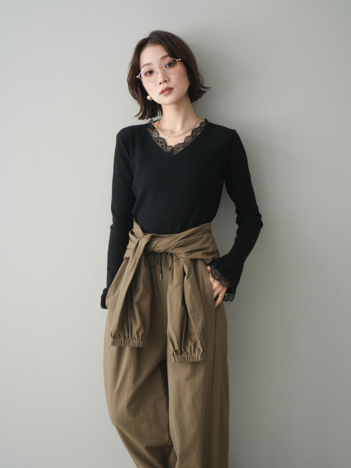 [SET]レースドッキングVネックニットトップス+ウエスト巻きデザインドロストコットンナイロンパンツ(2set)