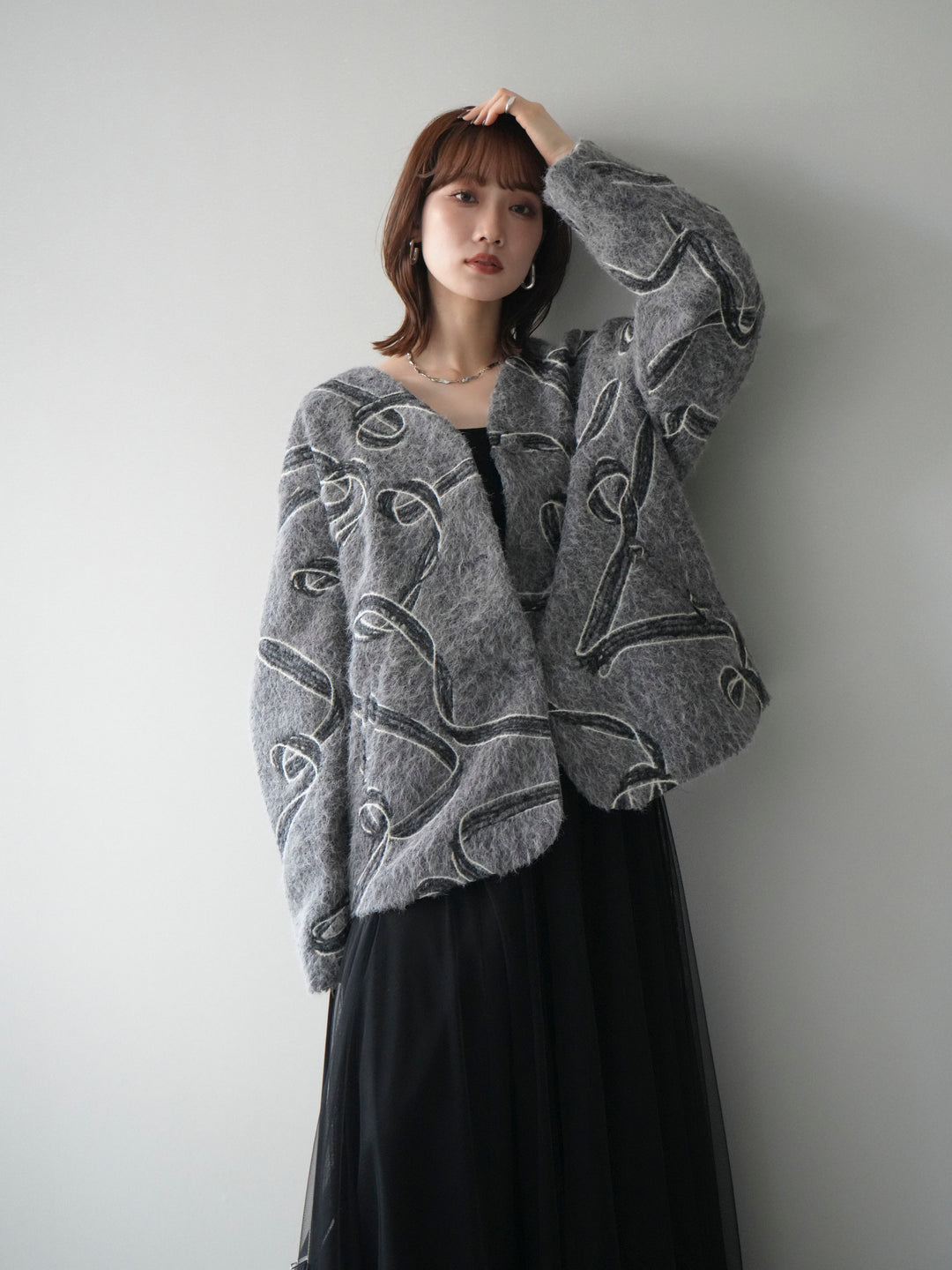 [予約]ニュアンス刺繍ブークレニットジャケット/gray
