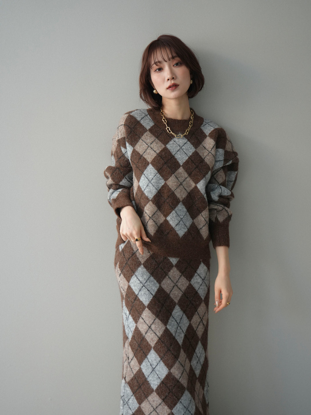 [SET]アーガイルニットプルオーバー&ロングスカートSET UP+選べるアクセセット(2set)