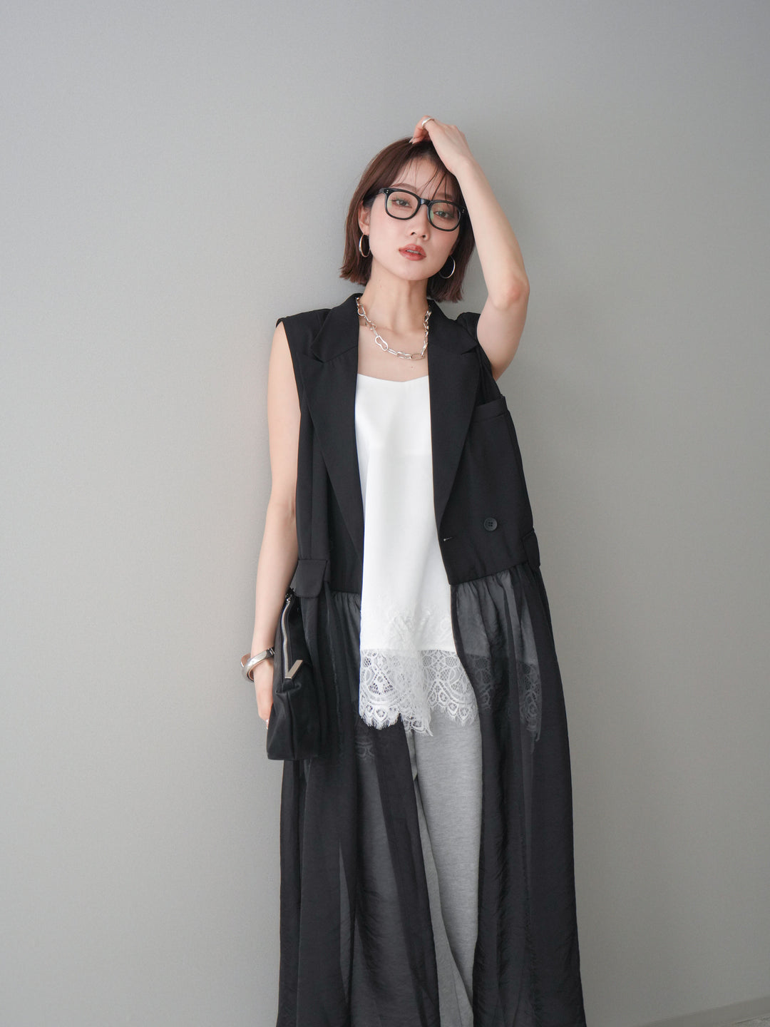 [SET]シアーレイヤードテーラードロングジレ+レーストリムキャミソール+2WAYデザインスウェットパンツ(3set)