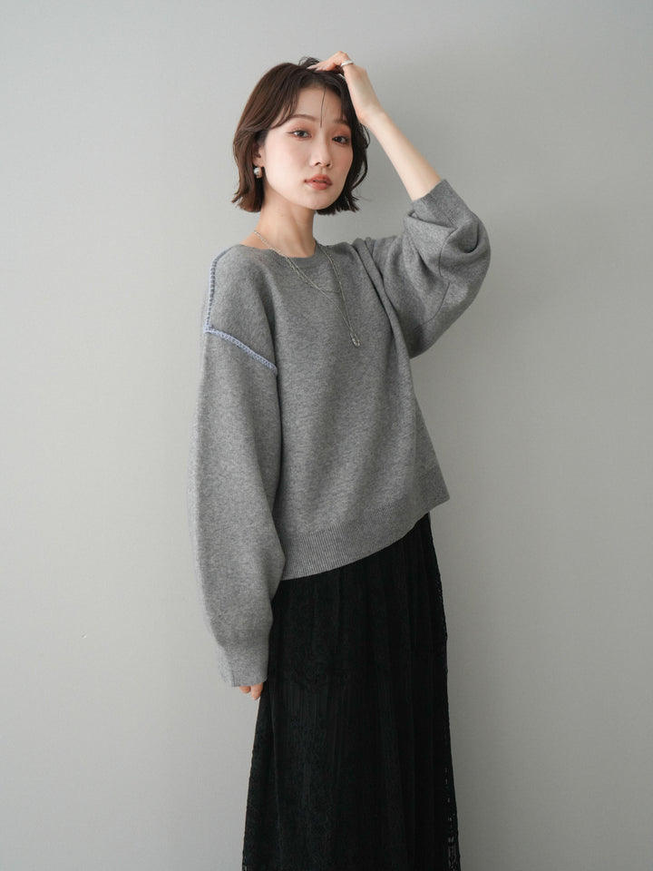 [SET]バックロゴ刺繍配色ステッチニットプルオーバー+選べるアクセセット(2set)