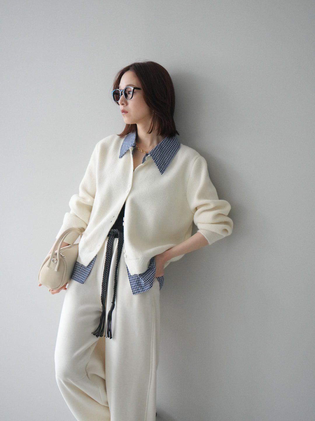 [SET]チェックシャツ襟ニットカーディガン+編み込みベルト付きウエスト配色スエットパンツ(2set)