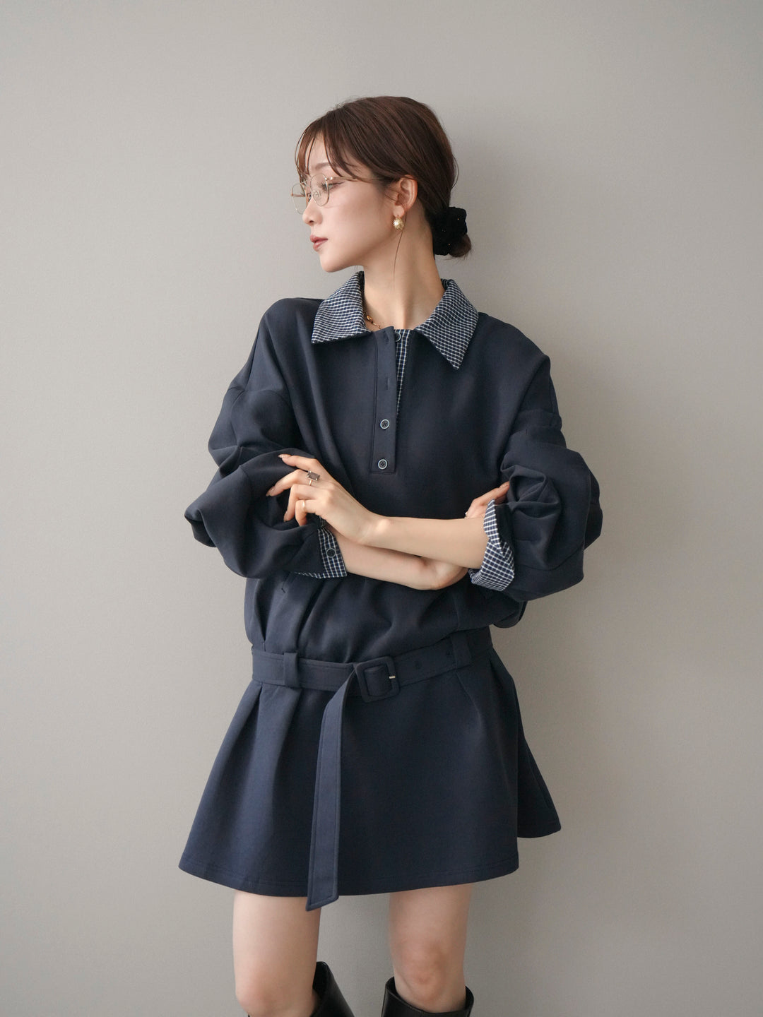 [SET]チェック襟xスエットミニワンピース+選べるアクセセット(2set)