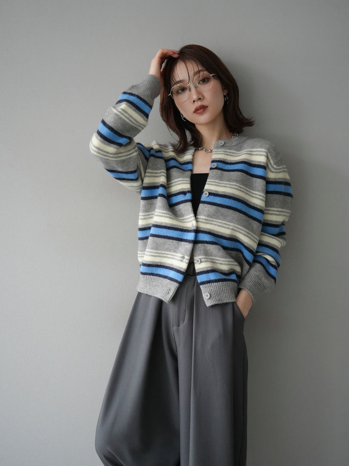 [SET]マルチボーダーニットカーディガン+ベルトループデザインワイドパンツ(2set)