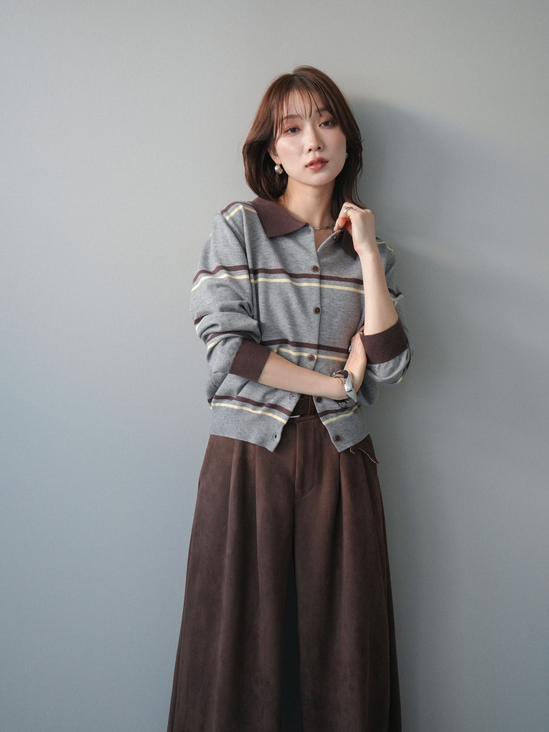 [予約]配色マルチボーダーポロニットカーディガン/gray