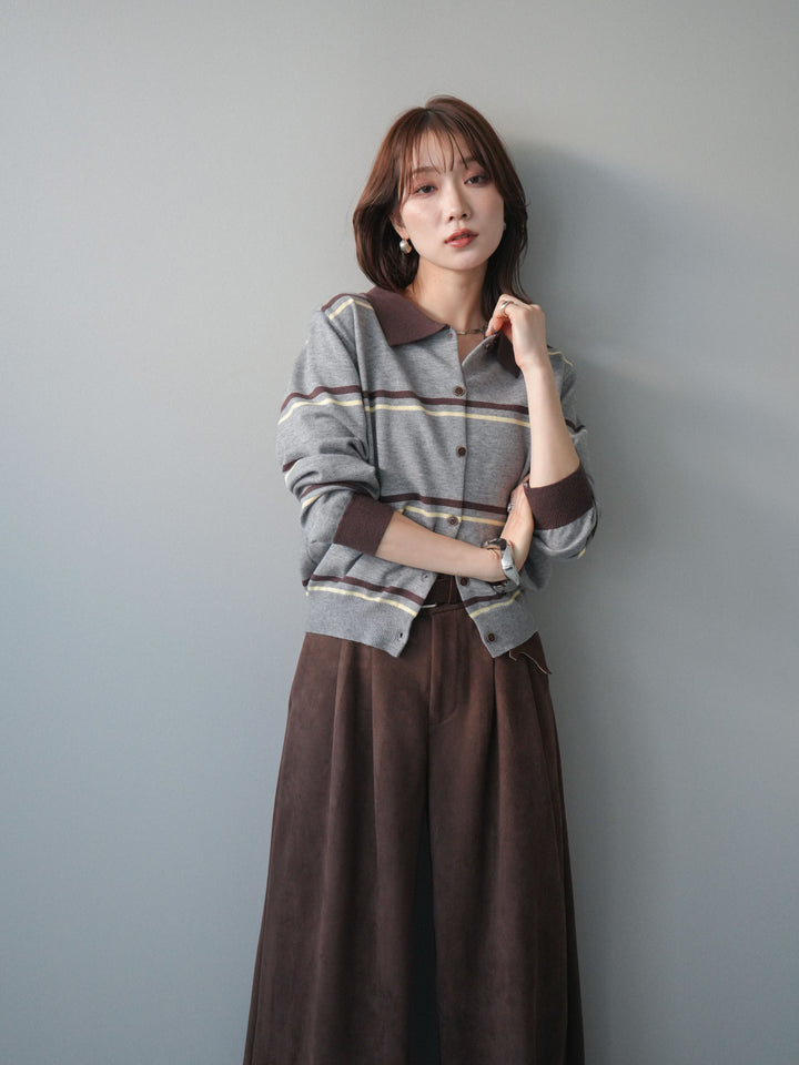 [予約]配色マルチボーダーポロニットカーディガン/gray