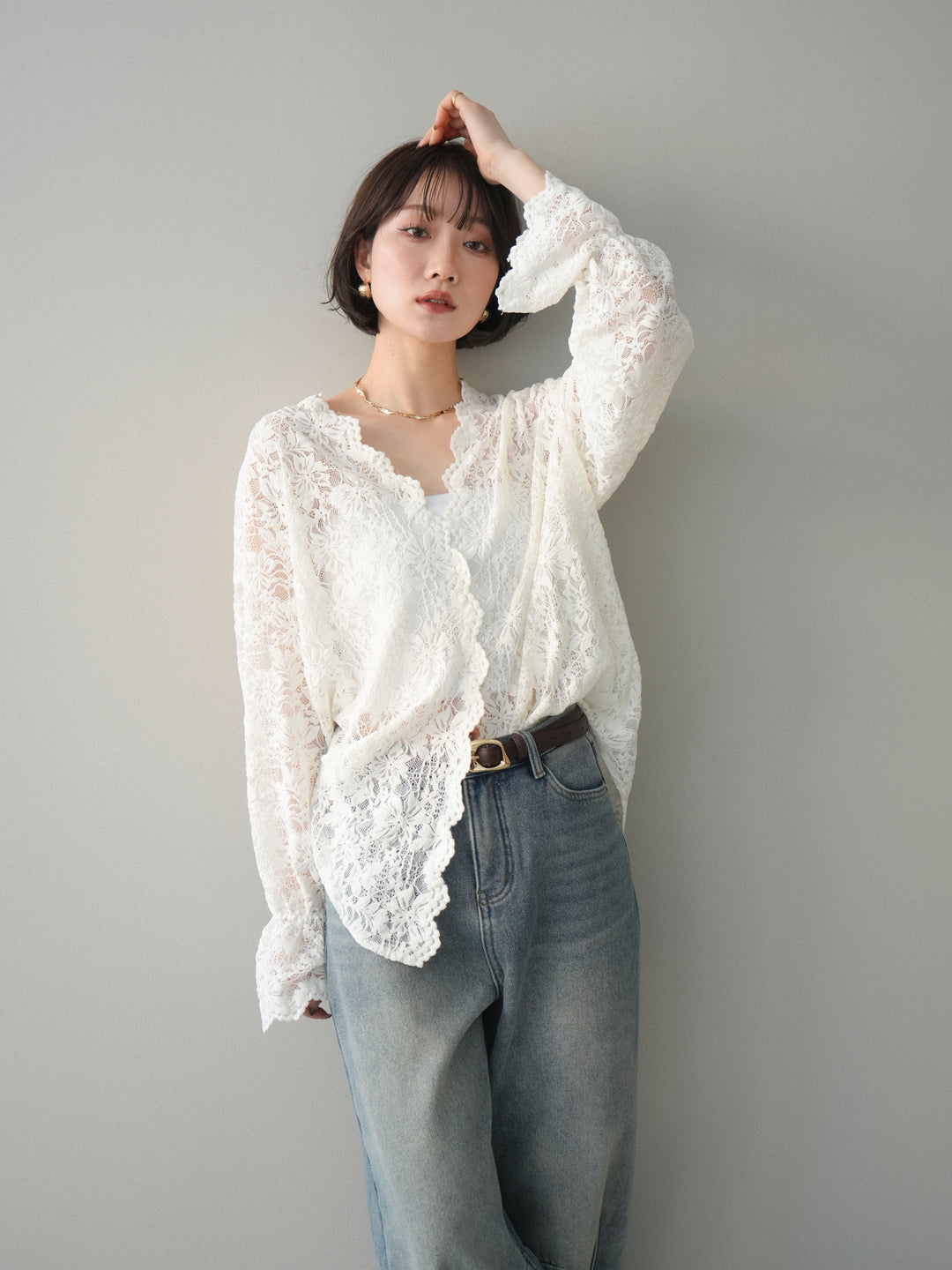 [SET]Vネックレースブラウス+裏起毛カットオフカーブデニムパンツ(2set)