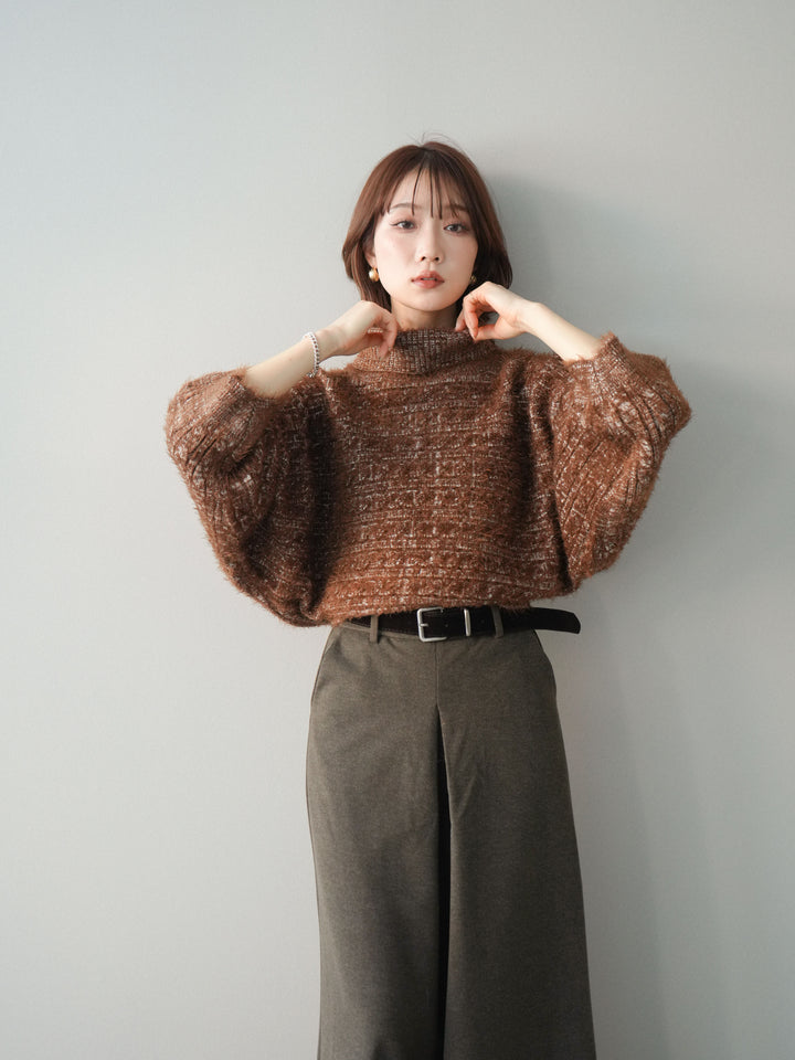 [予約]オフタートルケーブル編みニットプルオーバー/brown