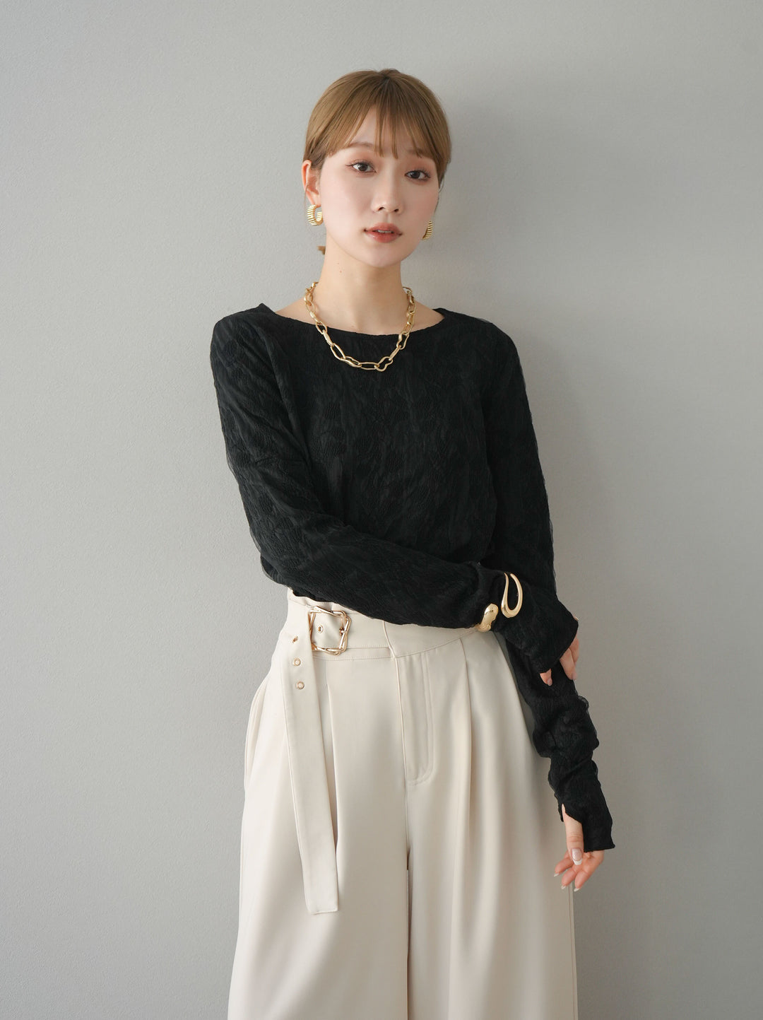 【預購】雙層紗布提花上衣/黑色