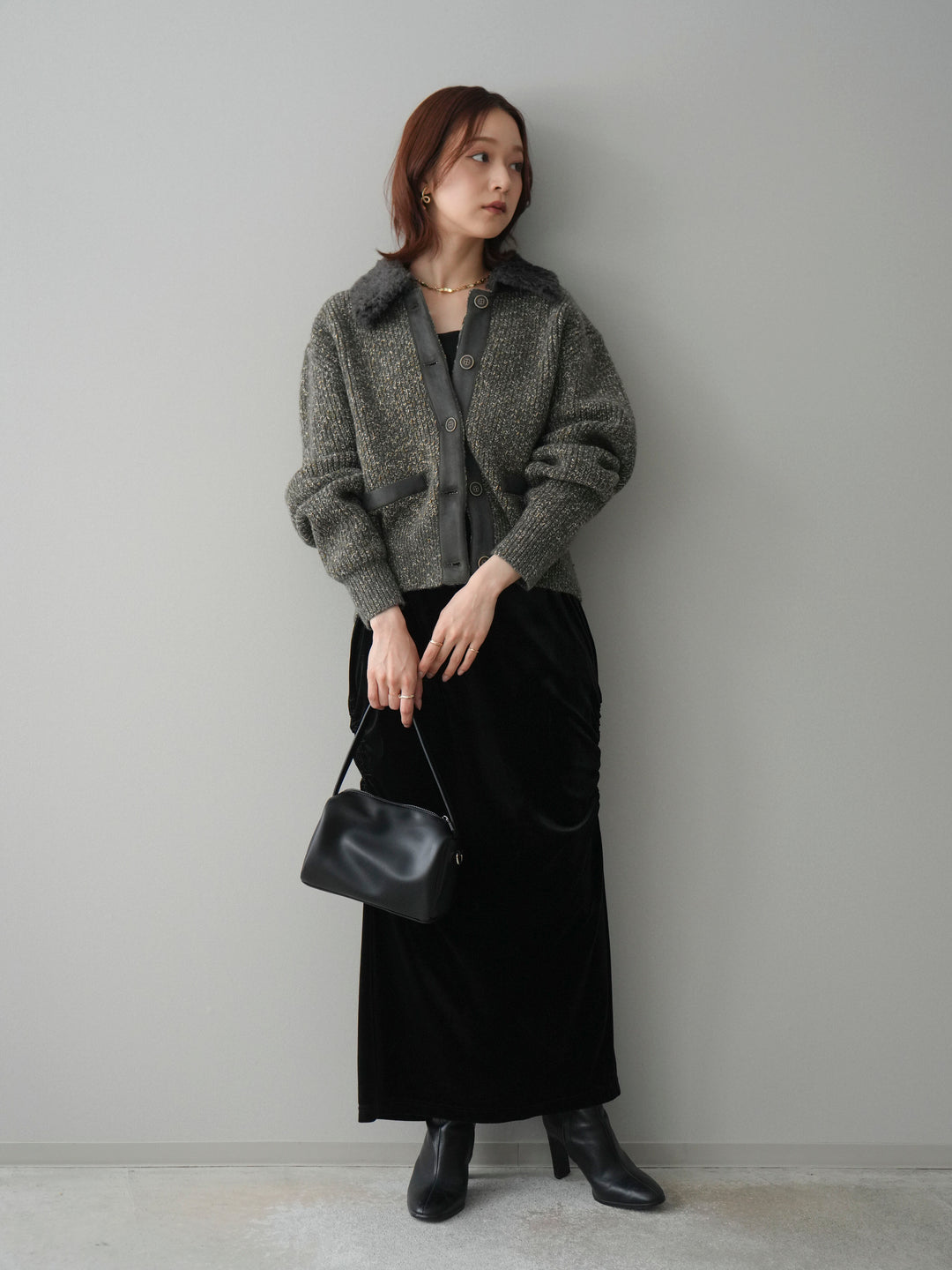 [SET]襟ボアミックスヤーンニットカーディガン+ギャザーベロアスカート(2set)