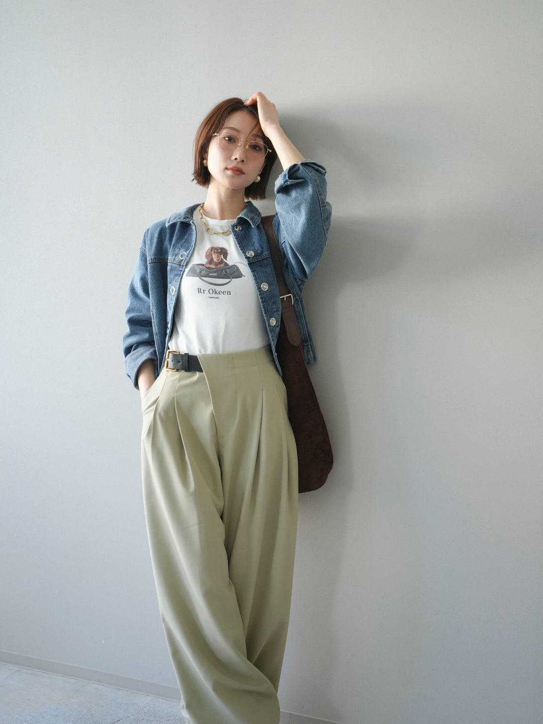 [SET]ラウンドカットコンパクトデニムジャケット+ドッグコンパクトTEE(2set)