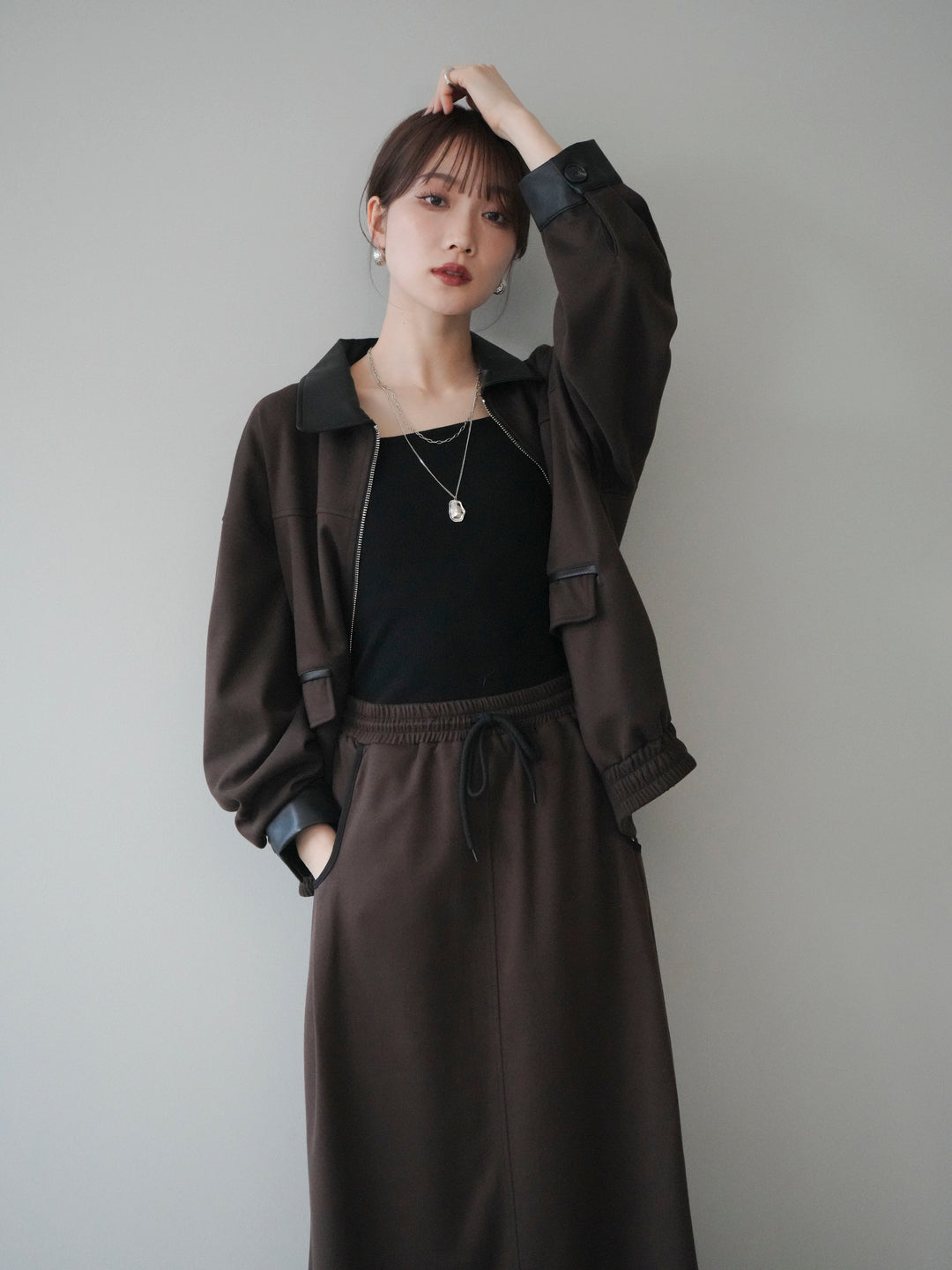 [予約]レザー襟配色パイピングブルゾン/brown