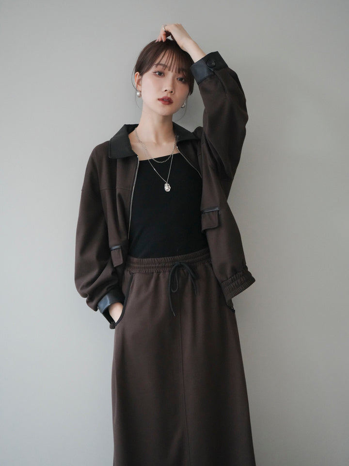 [予約]レザー襟配色パイピングブルゾン/brown