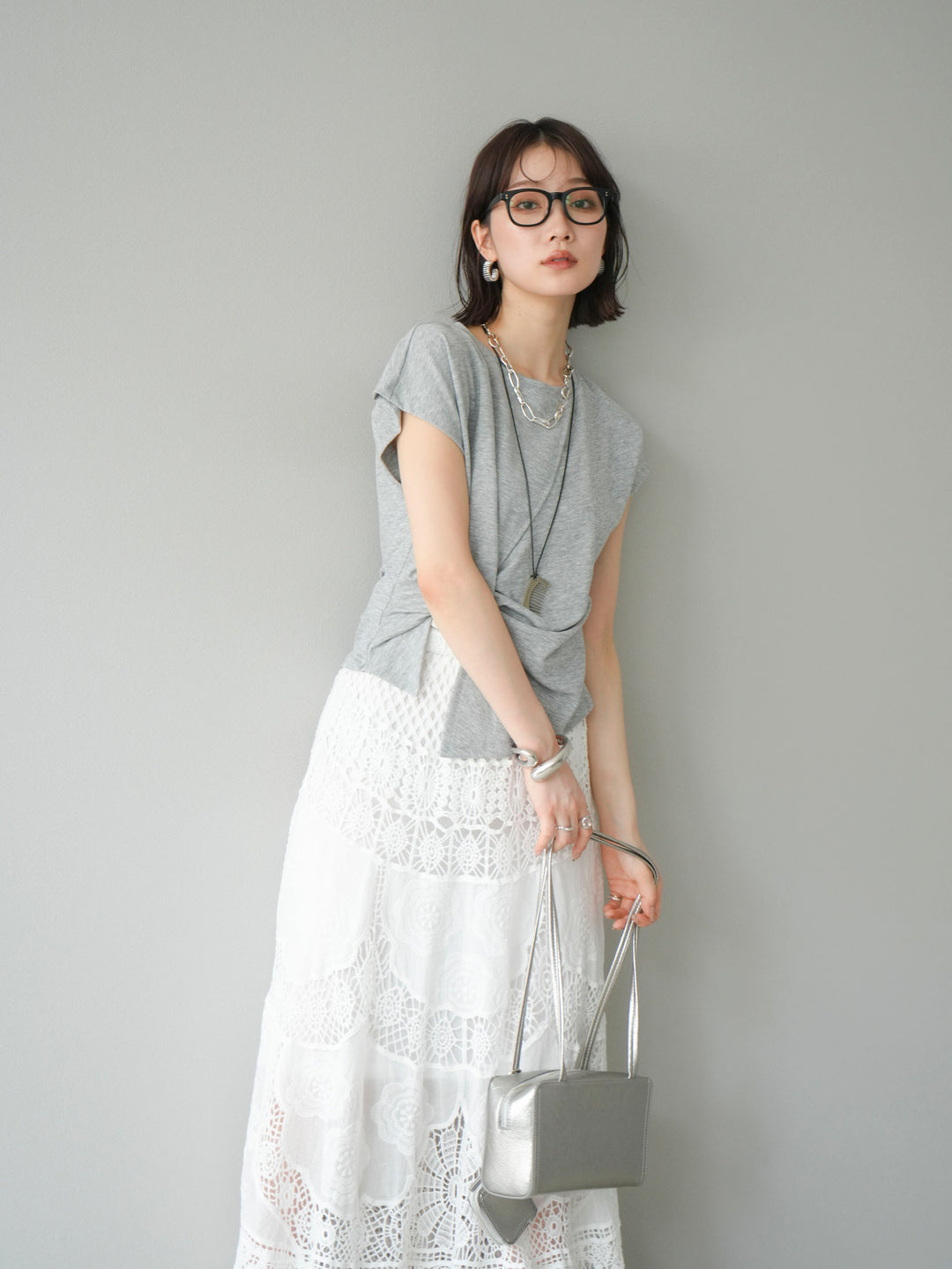 [予約]カシュクールTシャツ＆コームネックレスSET /グレー