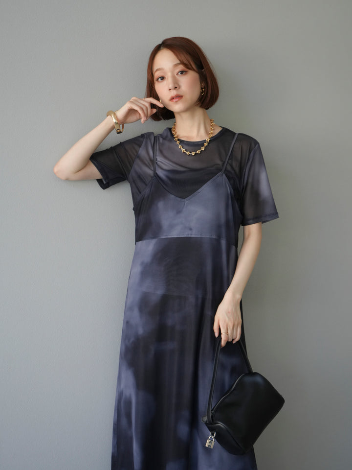 [予約タイダイ柄シアーキャミワンピース/モノトーン