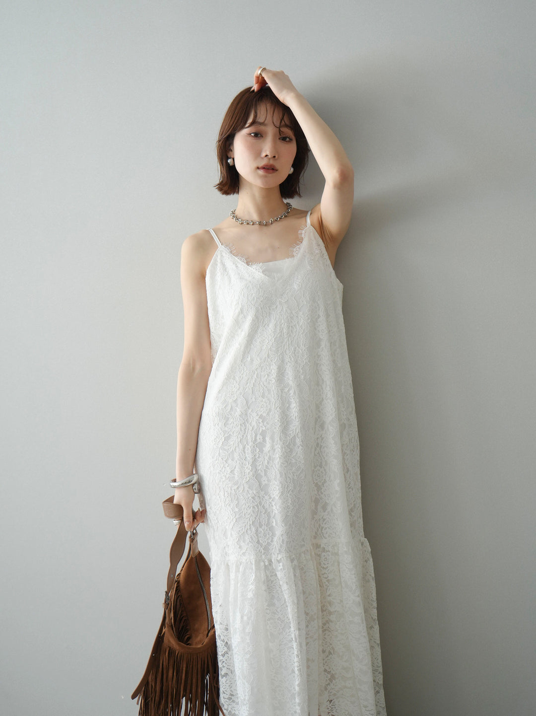 [予約]ギャザー切替レースキャミワンピース/white