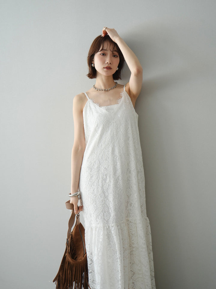 [予約]ギャザー切替レースキャミワンピース/white