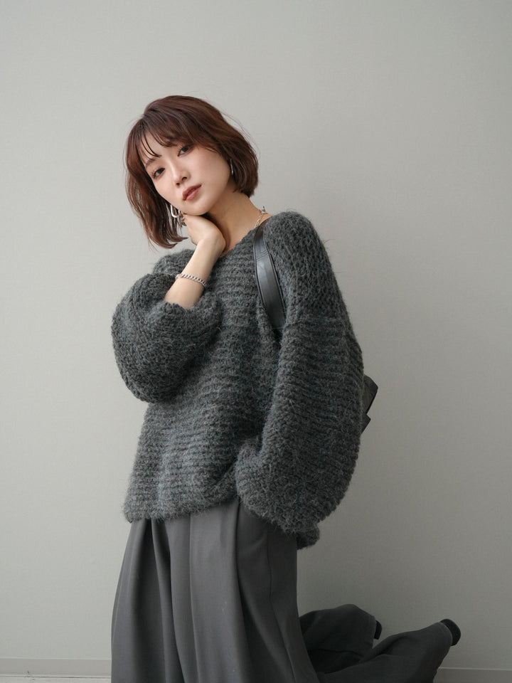 [SET]ワッフル編みシャギーニットプルオーバー+ベルトループデザインワイドパンツ(2set)