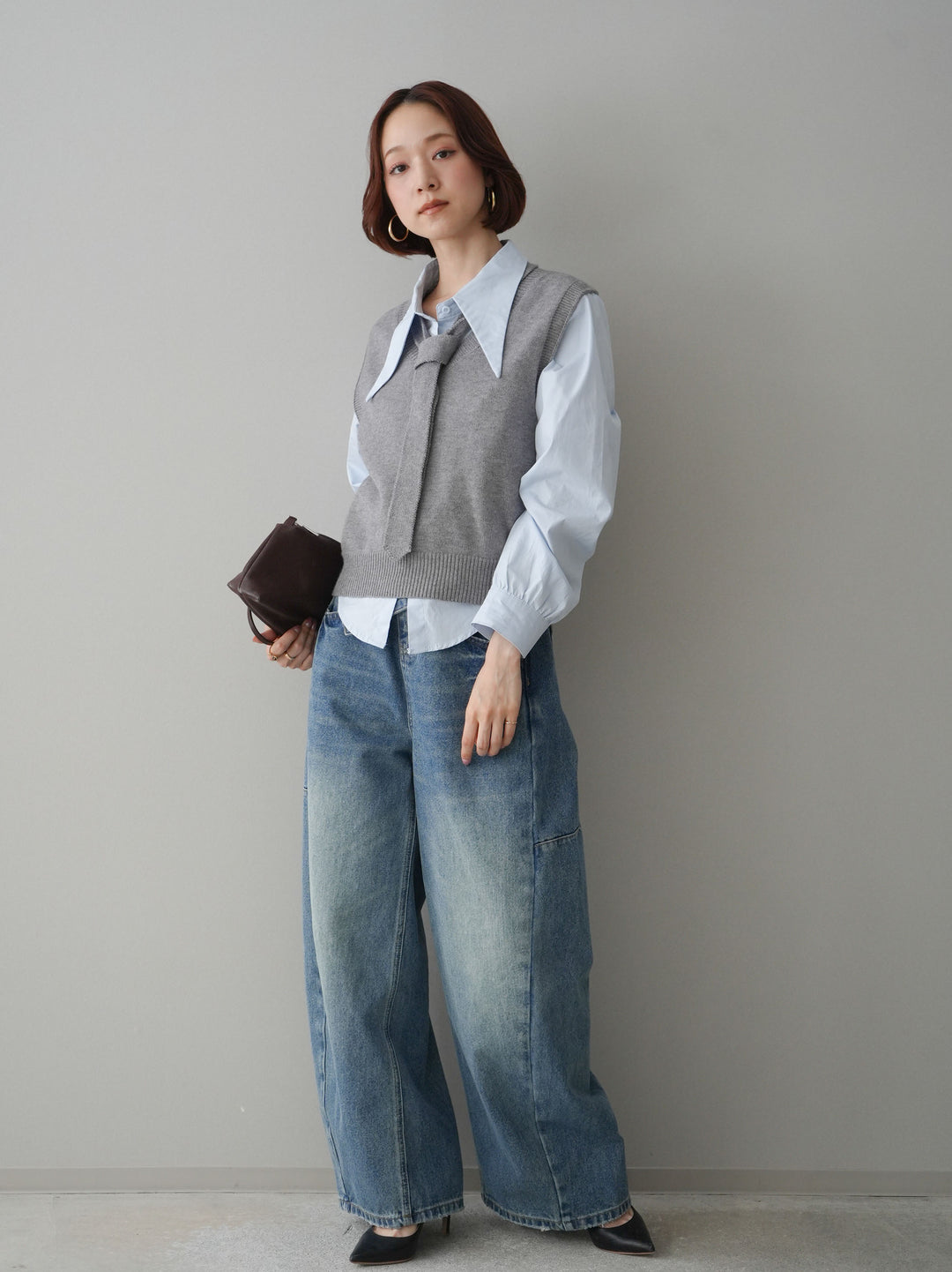 [SET]ボウタイ付ニットベストアンサンブルシャツ+アシメデザインワイドデニムパンツ(2set)