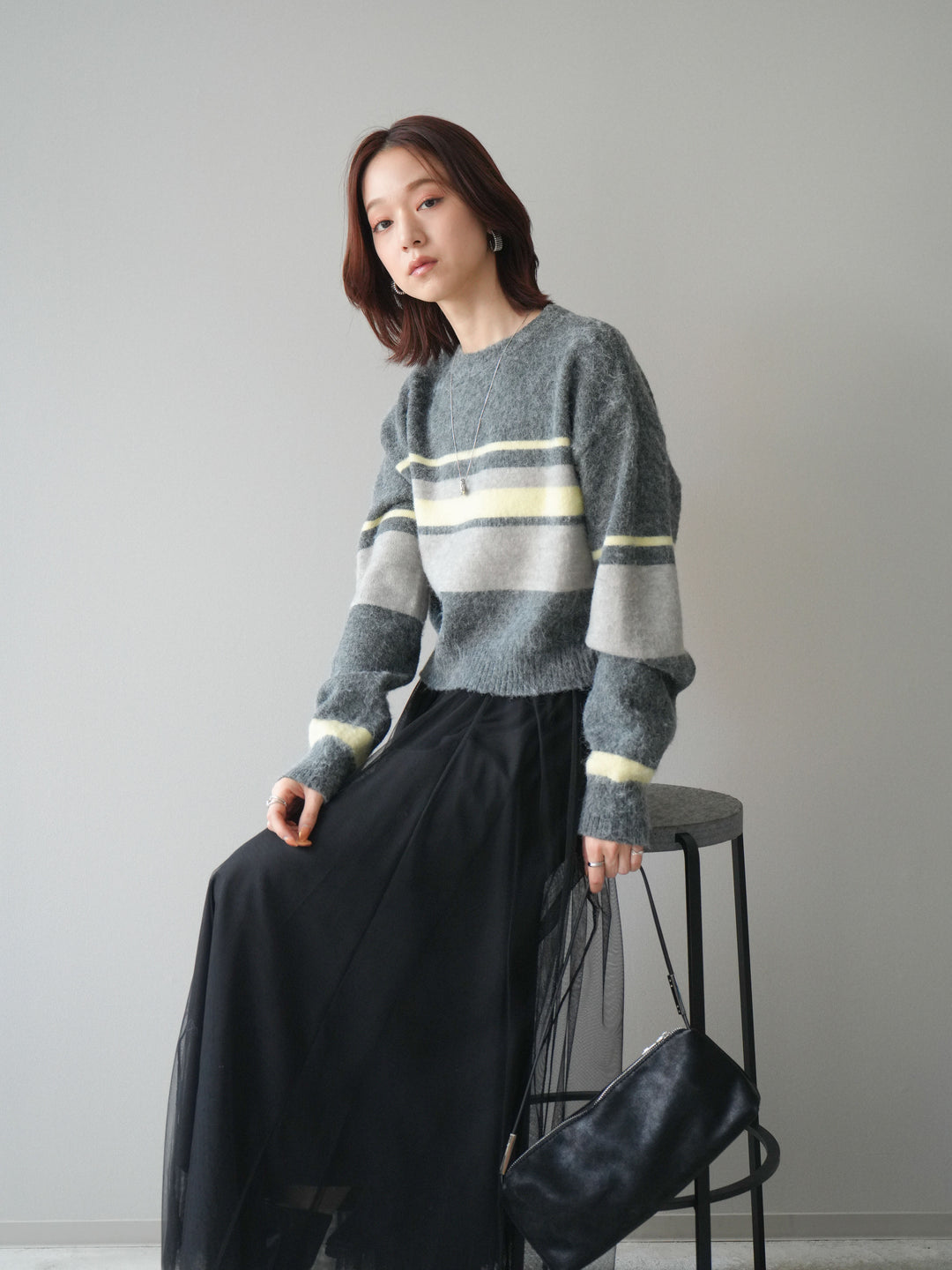 [SET]ソフトタッチボーダークロップドニットプルオーバー+チュールボリュームスカート(2set)