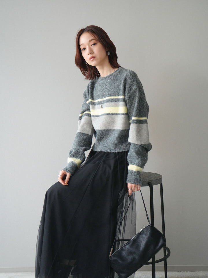 [SET]ソフトタッチボーダークロップドニットプルオーバー+チュールボリュームスカート(2set)