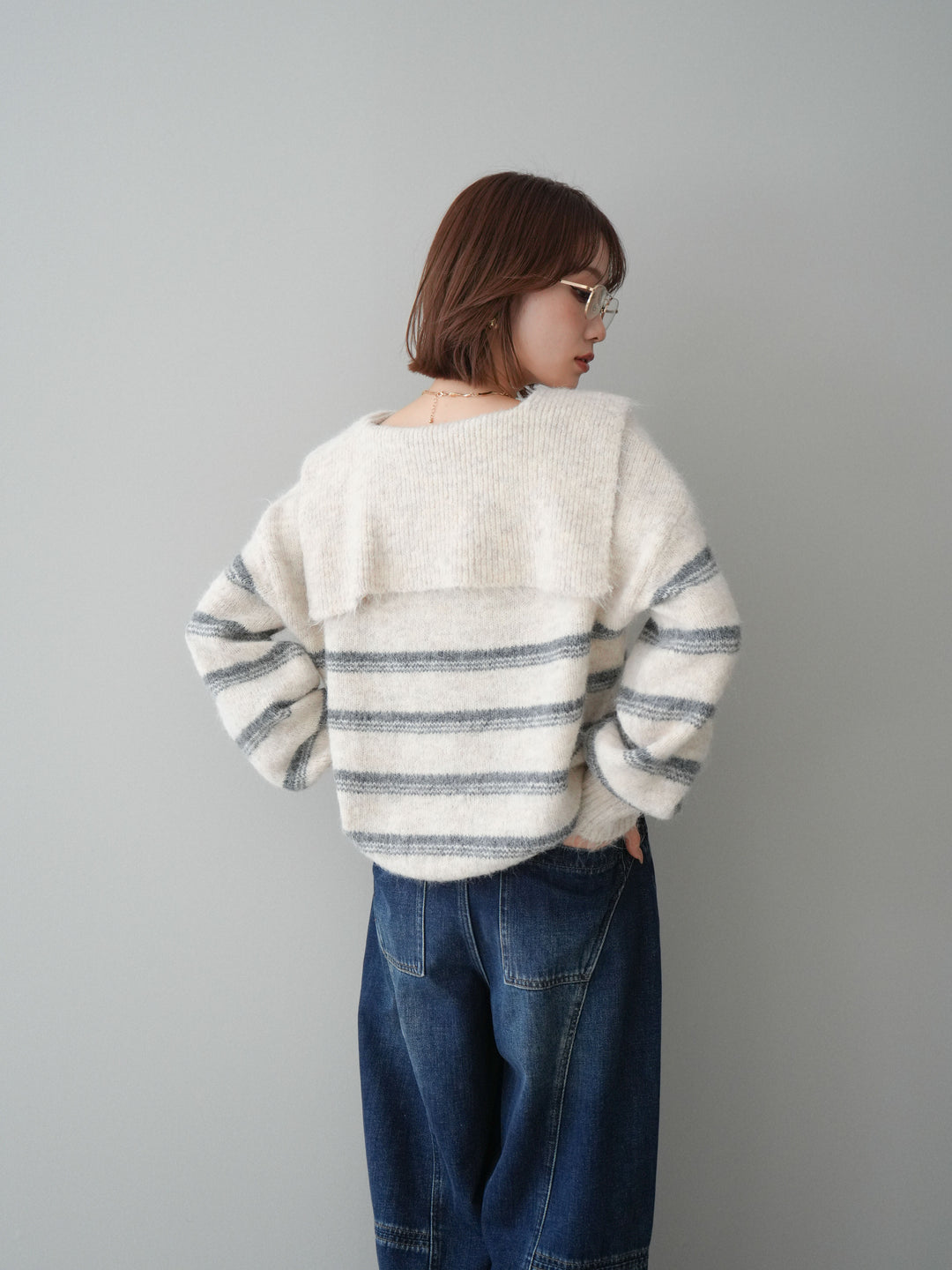 [予約]ハーフジップボーダーニットプルオーバー/ivory