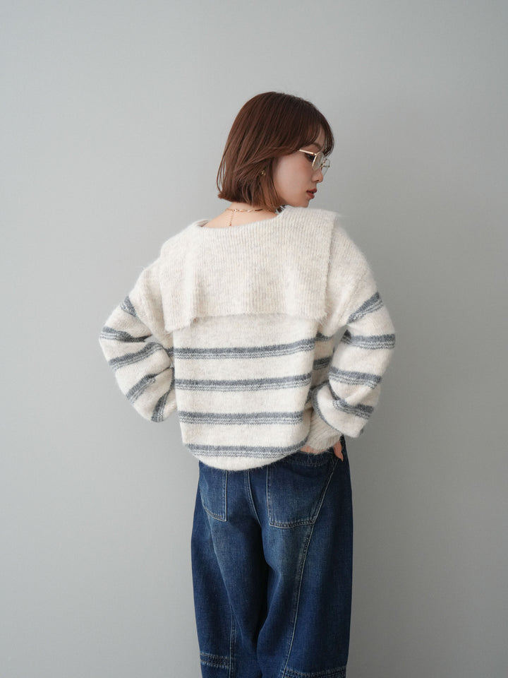 [予約]ハーフジップボーダーニットプルオーバー/ivory