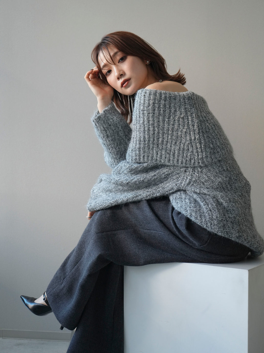 [予約]オフショルミックスニットプルオーバー/gray
