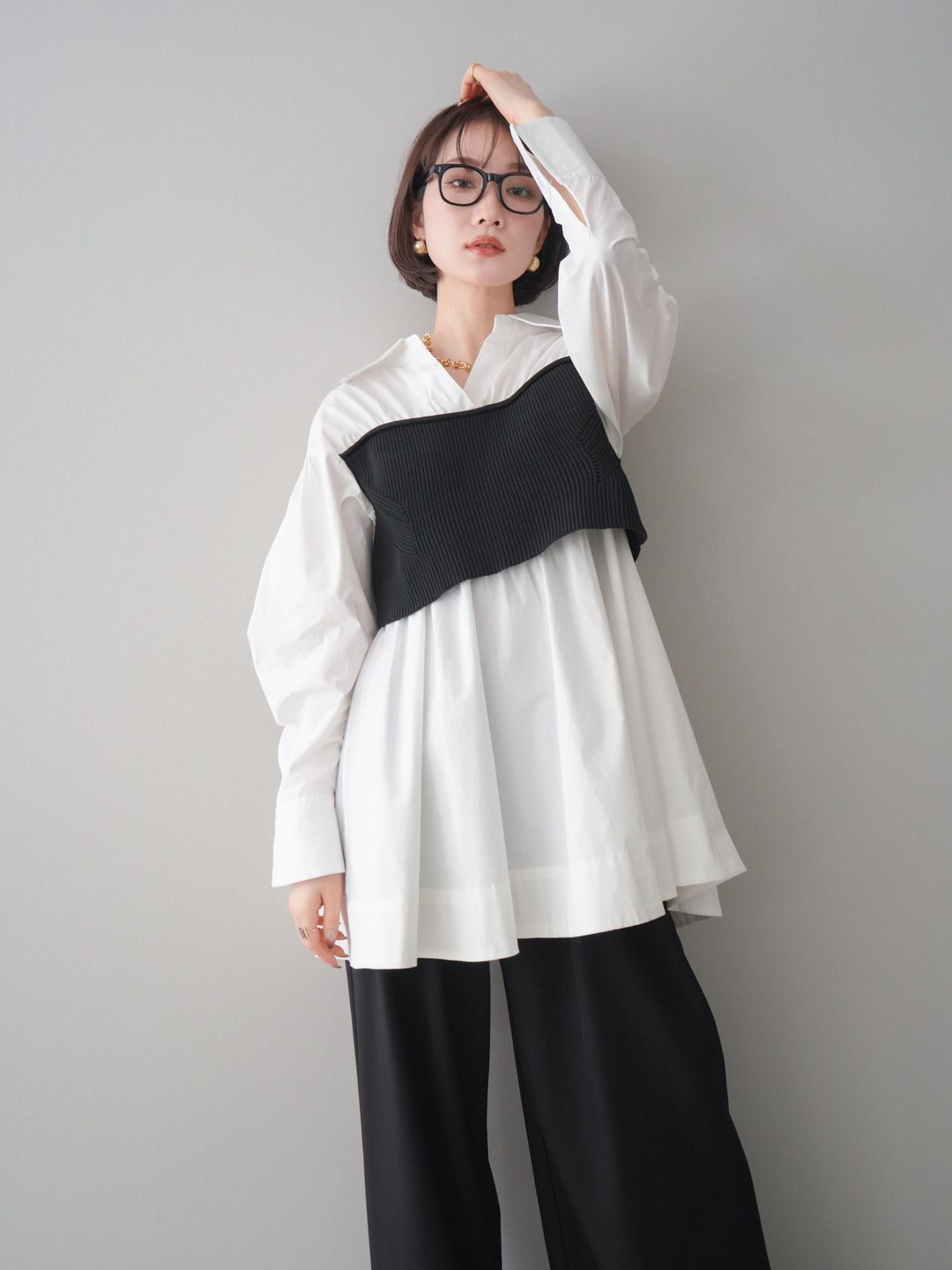 [予約]ニットビスチェドッキングフレアシャツチュニック/offwhite