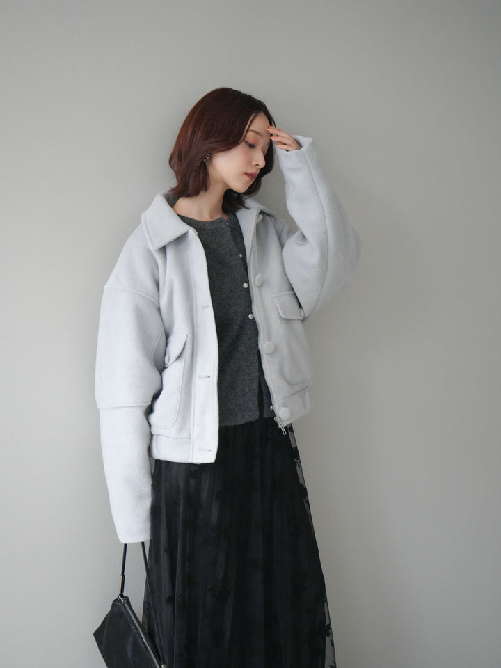 [SET]ウールライクフライトジャケット+アンティークボタンニットカーディガン+フラワーフロッキーチュールプリーツスカート(3set)