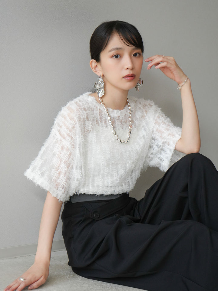 [Pre-order] Fringe Tulle 5/4 Sleeve Over Top/Off-White