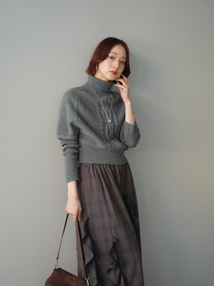 [予約]ケーブル編みタートルハーフスリーブニットアンサンブル/gray