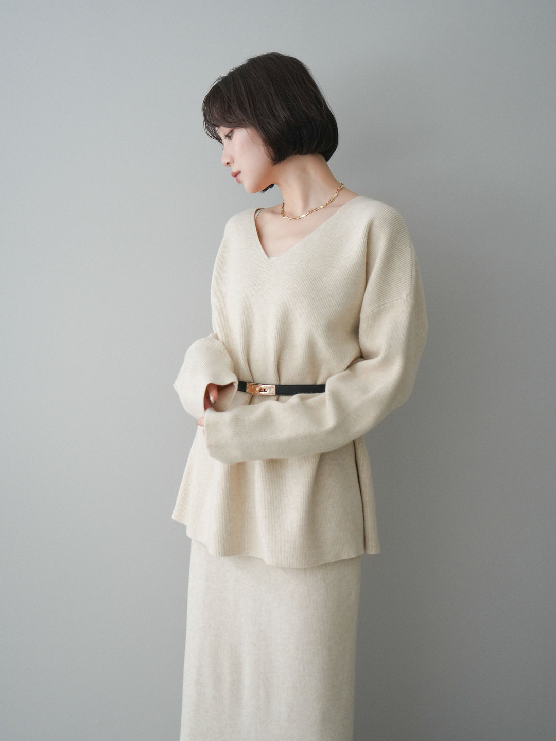 [SET]ベルト付Vネックニット＆スカートSET UP+ベルト付Vネックニット＆スカートSET UP(2set)