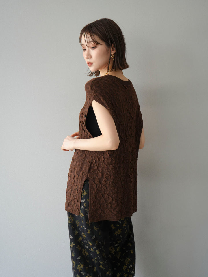 [SET]ポコポコノースリーブニットプルオーバー+コード刺繍チュールレイヤードパンツ(2set)