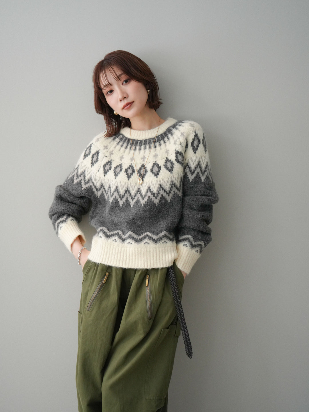 [予約]ノルディック柄ニットプルオーバー/gray