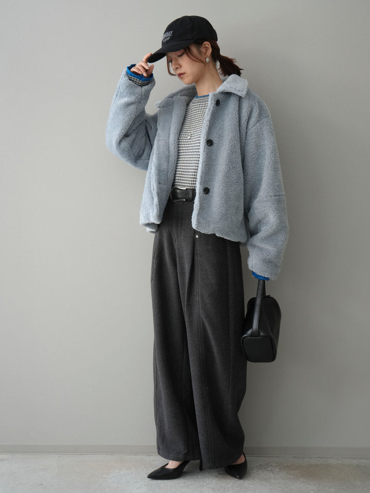 [SET]エコファーステンカラージャケット+ラメ異素材ボーダーリブニットプルオーバー(2set)