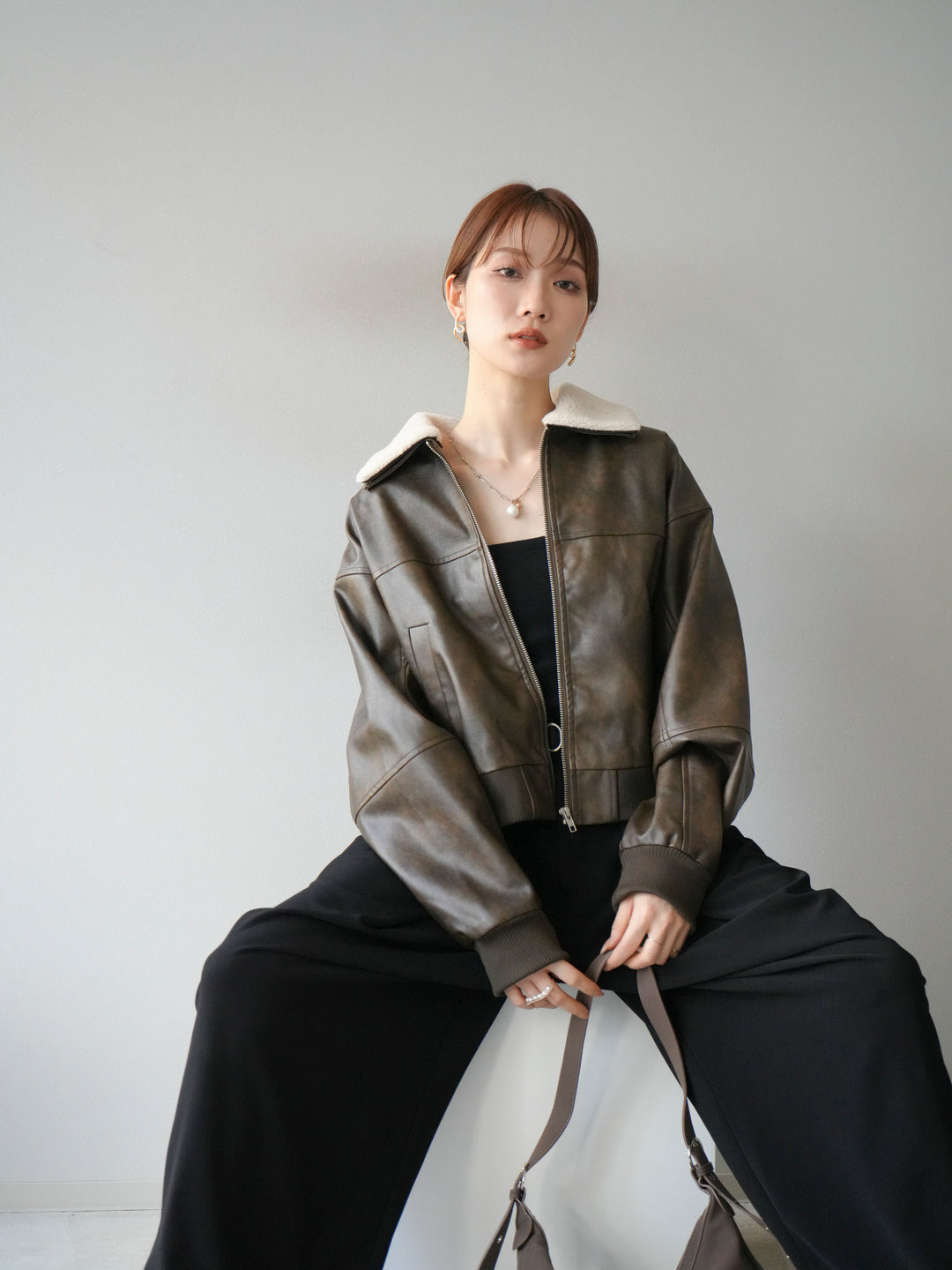 [予約]襟ボアヴィンテージレザーブルゾン/ブラウン