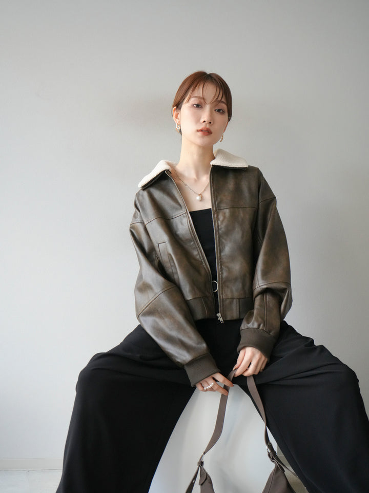 [予約]襟ボアヴィンテージレザーブルゾン/ブラウン