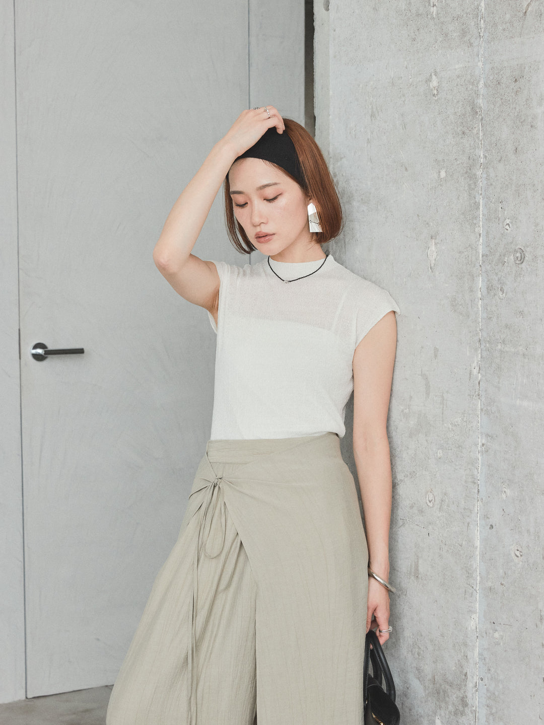 [予約]フレンチスリーブシアーニットトップス/ホワイト