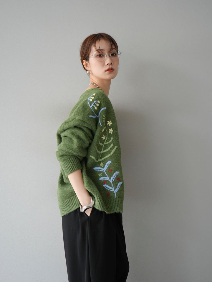 [SET]フラワー刺繍ニットカーディガン+ベルト付タックワイドパンツ(2set)