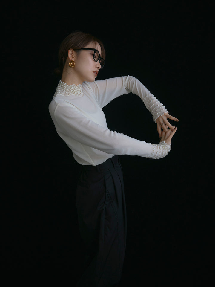 【Allure】[SET]シアーフリルメロートップス+タフタワイドカーブパンツ(2set)