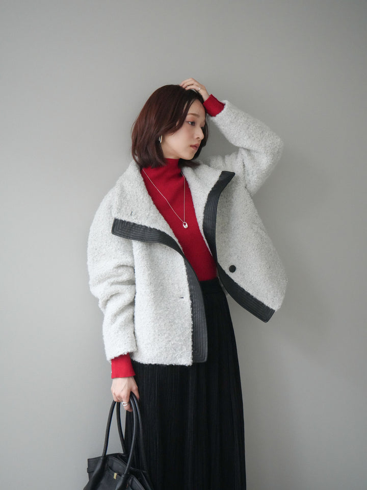 [SET]レザー切替ブークレブルゾン+裾レーススウェードプリーツマキシスカート(2set)