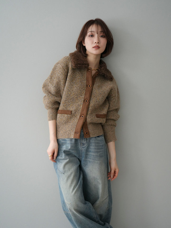 [SET]襟ボアミックスヤーンニットカーディガン+ベルト付カーブデニムパンツ(2set)