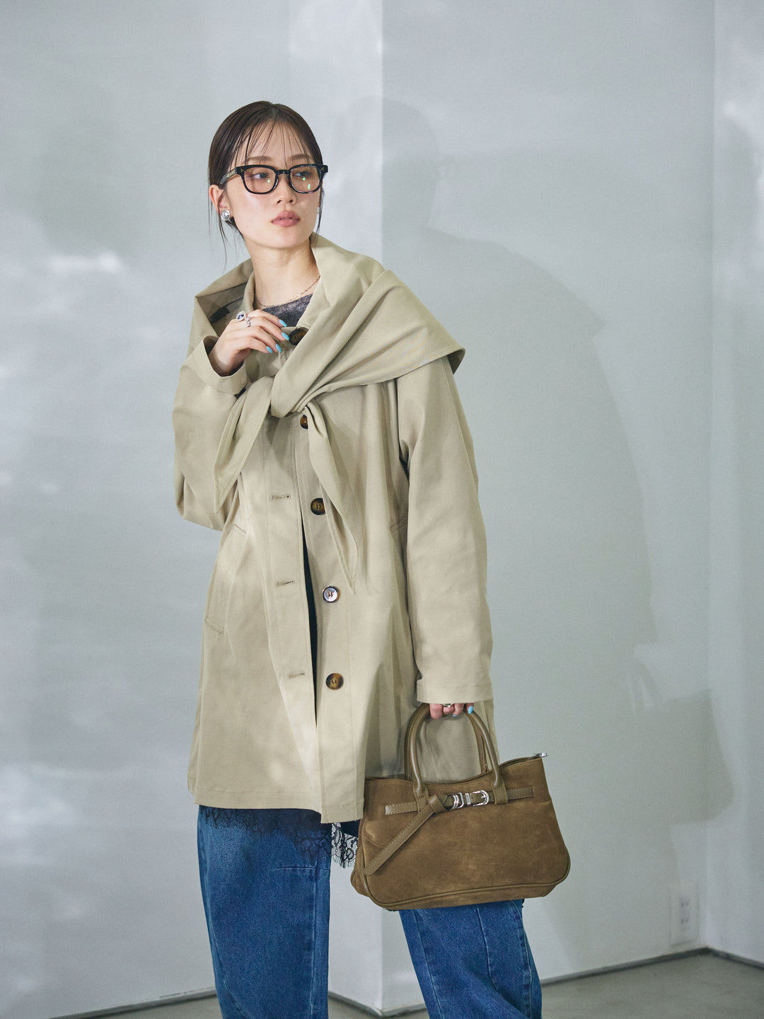 [予約]スカーフ付ステンカラーミディアムコート/beige