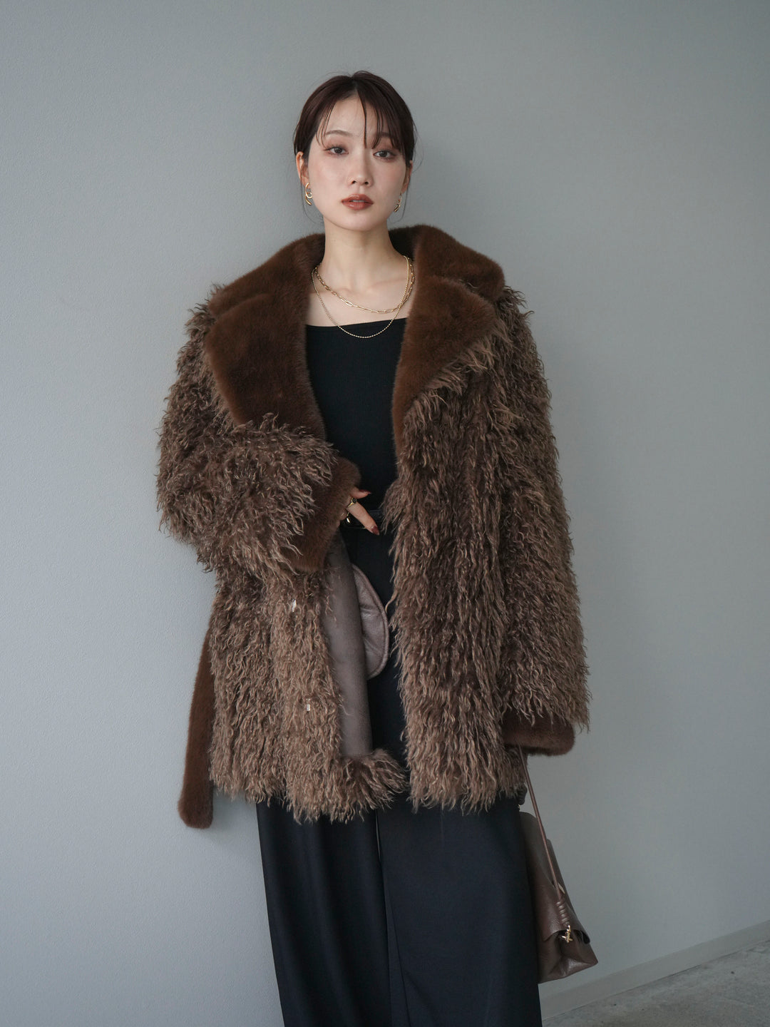 [予約]異素材ファー×ムートンコート/brown